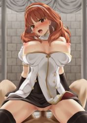 Rule 34 | black legwear, blush, breasts, breasts out, celica (fire emblem), censored, choker, clothed sex, clothes pull, commission, cowgirl position, detached collar, earrings, fire emblem, fire emblem echoes: shadows of valentia, fire emblem gaiden, girl on top, hairband, jewelry, mosaic censoring, nintendo, nipples, open mouth, penis, pussy, red hair, sex, skeb commission, straddling, thighhighs, urayama (backmountain)