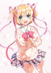 Rule 34 | 1girl, :d, aqua eyes, blonde hair, blush, bow, commentary, cowboy shot, eyebrows hidden by hair, falling petals, grey skirt, hair between eyes, hair ornament, hair ribbon, hand on own hip, interlocked fingers, kamikita komari, little busters!, little busters! school uniform, long ribbon, looking at viewer, miniskirt, mitsuyo (mituyo324), open mouth, petals, pink bow, plaid, plaid skirt, pleated skirt, red ribbon, ribbon, school uniform, short hair, simple background, skirt, sleeves past wrists, smile, solo, standing, star (symbol), star hair ornament, sweater, teeth, two side up, upper teeth only, white background, yellow sweater