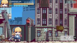 Rule 34 | 1girl, blonde hair, blue eyes, blue hairband, blue skirt, blunt bangs, building, crack, cracked floor, daidou (yuyu nerica), freedom wars, gameplay mechanics, hairband, health bar, highres, holding, holding weapon, long hair, medibang paint (medium), open mouth, outdoors, pixel art, post-apocalypse, silhouette, skirt, solo, standing, traffic light, weapon