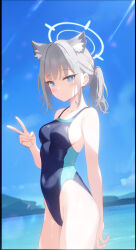 Rule 34 | 1girl, animal ear fluff, animal ears, black one-piece swimsuit, blue archive, blue eyes, blue sky, breasts, cloud, competition swimsuit, covered navel, cowboy shot, cross hair ornament, day, extra ears, grey hair, hair ornament, halo, highres, krukaru, low ponytail, medium breasts, medium hair, mismatched pupils, multicolored clothes, multicolored swimsuit, ocean, official alternate costume, one-piece swimsuit, outdoors, shiroko (blue archive), shiroko (swimsuit) (blue archive), sky, smile, solo, swimsuit, v, wolf ears