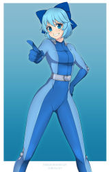 Rule 34 | &gt;:), 1girl, blue hair, bodysuit, bow, cirno, crossover, grin, hair bow, hand on own hip, index finger raised, latex, lindaroze, skin tight, smile, solo, teeth, totally spies, touhou, v, v-shaped eyebrows, watermark, web address