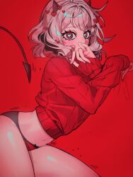 Rule 34 | 1girl, arched back, blush, commentary, covering own mouth, demon girl, demon horns, demon tail, english commentary, grey hair, hair ornament, heart, heart-shaped pupils, heart hair ornament, helltaker, highres, horns, looking at viewer, modeus (helltaker), navel, panties, paulandcookie, red background, red eyes, red panties, red sweater, red theme, ribbed sweater, short hair, simple background, solo, sweater, symbol-shaped pupils, tail, underwear