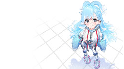 Rule 34 | 1girl, bad kim, blue hair, blush stickers, grid background, hair behind ear, hololive, hololive indonesia, jacket, kobo kanaeru, light blue hair, raincoat, see-through, see-through jacket, simple background, sleeves past fingers, sleeves past wrists, smile, solo, virtual youtuber, white background