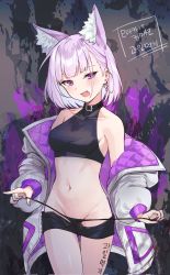 Rule 34 | 1girl, :d, animal ear fluff, animal ears, artist request, bare shoulders, black choker, black panties, black shirt, black shorts, blunt bangs, body writing, breasts, choker, collarbone, cowboy shot, crop top, earrings, fang, fox ears, groin, halterneck, head tilt, highres, jacket, jewelry, long sleeves, looking at viewer, medium breasts, micro shorts, midriff, navel, off shoulder, open clothes, open fly, open jacket, open mouth, original, panties, panty pull, purple eyes, purple hair, revealing clothes, shirt, short hair, shorts, side-tie panties, sleeveless, sleeveless shirt, smile, solo, standing, stomach, strap pull, string panties, thigh gap, thighs, underwear, untied panties, white jacket