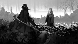 Rule 34 | 1boy, 1girl, 1other, bare tree, bloodborne, cape, coat, dress, email address, field, flower, flower field, frilled dress, frills, gehrman the first hunter, gloves, hat, highres, holding, holding scythe, hunter (bloodborne), l aciel, long hair, long sleeves, lying, on stomach, outdoors, plain doll, scythe, short hair, standing, top hat, torn cape, torn clothes, tree