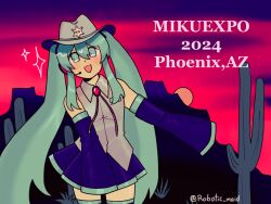 Rule 34 | 1girl, 2024, alternate neckwear, arizona (state), blue eyes, blue hair, bolo tie, cactus, commentary, cowboy hat, cowboy shot, detached sleeves, english commentary, flat chest, grey shirt, hair between eyes, hat, hatsune miku, hatsune miku expo, headset, highres, long bangs, long hair, long sleeves, looking at viewer, miniskirt, open mouth, phoenix (arizona), pleated skirt, purple skirt, purple sleeves, robotic maid, sheriff badge, shirt, skirt, sleeveless, sleeveless shirt, sleeves past fingers, sleeves past wrists, smile, solo, sparkle, sunset, twintails, twitter username, very long hair, vocaloid