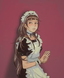 Rule 34 | 1girl, alternate costume, apron, black dress, black eyes, borrowed character, brown hair, dress, enmaided, frilled apron, frills, grin, highres, kara eklund, long hair, looking to the side, maid, maid apron, maid headdress, mossacannibalis, original, parted lips, puffy sleeves, red background, simple background, smile, solo, white apron