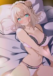 Rule 34 | 1girl, absurdres, azur lane, bed, black trim, blonde hair, bra, from above, green eyes, highres, lace, lace-trimmed bra, lace-trimmed panties, lace trim, lingerie, looking at viewer, lying, maid headdress, manchester (azur lane), on back, on bed, origami aya, panties, pillow, pink bra, pink panties, star-shaped pupils, star (symbol), symbol-shaped pupils, underwear, underwear only
