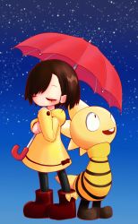 2others, androgynous, asymmetrical bangs, bangs, black legwear, blue background, blush, bob cut, boots, bow, brown eyes, brown footwear, brown hair, buck teeth, closed mouth, dress, eyes closed, footwear bow, frisk (undertale), full body, gradient, gradient background, hand up, happy, highres, holding, holding umbrella, leggings, long sleeves, looking up, monster kid (undertale), multiple others, open mouth, shiny, shiny hair, short hair, sky, smile, spikes, standing, star (sky), starry sky, striped, striped sweater, sweater, umbrella, undertale, uno usaya, yellow bow, yellow dress, yellow sweater