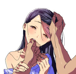 Rule 34 | 1girl, finger in another&#039;s mouth, finger sucking, hifumi chiyoko, long hair, multicolored eyes, off shoulder, open mouth, original, out of frame, sexually suggestive, simple background, wet