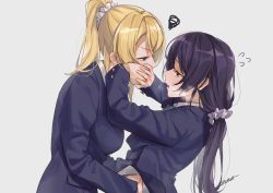 Rule 34 | 2girls, ayase eli, bad id, bad twitter id, blonde hair, covering another&#039;s mouth, hands on another&#039;s face, highres, long hair, love live!, love live! school idol project, multiple girls, ponytail, purple hair, rejected kiss, school uniform, simple background, tojo nozomi, twintails, yuri, zawawa (satoukibi1108)