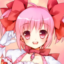 Rule 34 | 10s, 1girl, :d, ahoge, choker, ech, gloves, hair ribbon, kaname madoka, looking at viewer, mahou shoujo madoka magica, mahou shoujo madoka magica (anime), open mouth, pink eyes, pink hair, portrait, puffy sleeves, ribbon, short hair, short twintails, smile, solo, twintails, white gloves