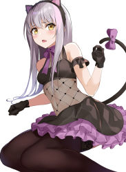 Rule 34 | 1girl, animal ears, asato (fadeless), bang dream!, black gloves, black thighhighs, blush, bow, cat ears, cat tail, commentary request, detached sleeves, fake animal ears, fang, fishnet top, fishnets, frilled skirt, frills, gloves, grey hair, lace, lace-trimmed legwear, lace trim, long hair, looking at viewer, minato yukina, navel, neck ribbon, open mouth, purple bow, purple ribbon, ribbon, simple background, skirt, solo, tail, tail bow, tail ornament, thighhighs, white background, yellow eyes