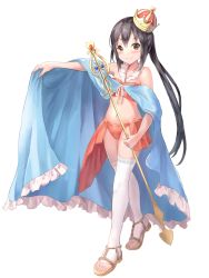 Rule 34 | 1girl, bikini, black hair, blue cape, brown eyes, cape, commentary request, crown, flat chest, full body, highres, k-on!, kyon (kyouhei-takebayashi), long hair, looking at viewer, nakano azusa, orange bikini, sandals, scepter, simple background, smile, solo, standing, swimsuit, thighhighs, twintails, white background, white thighhighs