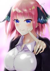Rule 34 | 1girl, black cardigan, blue eyes, blush, breasts, cardigan, closed mouth, collared shirt, dress shirt, floating hair, go-toubun no hanayome, hair ornament, highres, index finger raised, large breasts, long hair, long sleeves, looking at viewer, nakano nino, open cardigan, open clothes, pink hair, school uniform, shirt, smile, solo, two side up, upper body, white shirt, wing collar, yumemo