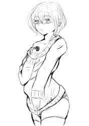 Rule 34 | 1boy, absurdres, bakuhaku, chest tattoo, glasses, gowther, highres, looking at viewer, monochrome, nanatsu no taizai, panties, short hair, sketch, sweater, tattoo, thick thighs, thighhighs, thighs, trap, underwear, white background