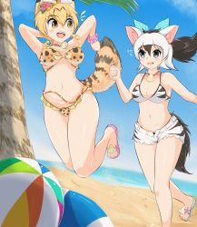Rule 34 | aardwolf (kemono friends), aardwolf print, absurdres, alternate hair length, alternate hairstyle, animal ears, arms up, bare arms, bare shoulders, beach, bikini, bikini under clothes, black hair, blue sky, breasts, cleavage, colored inner hair, cutoffs, day, extra ears, floating hair, flower, flying sweatdrops, grey eyes, hair between eyes, hair flower, hair ornament, highres, horizon, jewelry, jumping, kemono friends, long hair, looking at another, medium breasts, multicolored hair, navel, necklace, ocean, official alternate costume, open clothes, open fly, open mouth, open shorts, outdoors, ponytail, print bikini, print shorts, running, sandals, serval (kemono friends), serval print, shell, shell necklace, short hair, short shorts, shorts, sky, smile, stomach, swimsuit, tail, toes, two-tone hair, water, white hair, wonderful waon, yellow eyes