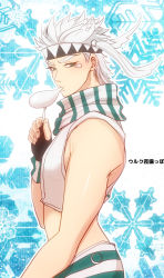 Rule 34 | 1boy, alternate hair color, blowing bubbles, caesar anthonio zeppeli, facial mark, feather hair ornament, feathers, fingerless gloves, gloves, green eyes, hair ornament, headband, highres, jojo no kimyou na bouken, male focus, official alternate costume, scarf, solo, t7senzo, vest, white hair