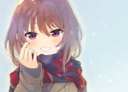 Rule 34 | 1girl, bad id, bad pixiv id, brown hair, commentary request, fingernails, grin, highres, jacket, long fingernails, looking at viewer, medium hair, nail polish, original, purple eyes, scarf, simple background, smile, solo, sweater, tamaki fuyu, upper body