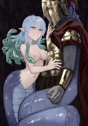 Rule 34 | 1boy, 1girl, armor, blue hair, bracer, breastplate, breasts, cape, censored, hair between eyes, hair down, helm, helmet, highres, jewelry, lamia, long hair, looking at another, medium breasts, medusa (monster girl encyclopedia), monster girl, monster girl encyclopedia, mosaic censoring, navel, neck ring, nipples, nude, parted lips, pointy ears, pussy, red cape, smile, snake hair, tail, tail wrap, yellow eyes, zakirsiz