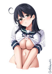 Rule 34 | 1girl, ahoge, between breasts, black hair, blush, bottomless, breasts, commentary request, cropped torso, ebifurya, grey eyes, groin, hair ornament, highres, kantai collection, large breasts, long hair, looking at viewer, navel, one-hour drawing challenge, out-of-frame censoring, school uniform, serafuku, simple background, solo, stomach, twitter username, underboob, ushio (kancolle), white background, x hair ornament