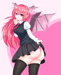 Rule 34 | 1girl, ass, black dress, black thighhighs, blush, breasts, clothes lift, demon girl, demon wings, dress, grin, head wings, highres, huge ass, koakuma, kuzya, large breasts, long hair, looking at viewer, panties, pink hair, pointy ears, purple eyes, shiny skin, skirt, skirt hold, skirt lift, smile, solo, thighhighs, thong, touhou, underwear, wings