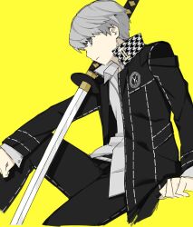 Rule 34 | coat, grey eyes, grey hair, high collar, long sleeves, looking at viewer, male focus, narukami yuu, open clothes, open coat, persona, persona 4, solo, sword, weapon, yellow background