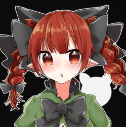 Rule 34 | 1girl, abe suke, animal ears, black bow, black bowtie, bow, bowtie, braid, cat ears, hair bow, kaenbyou rin, long hair, looking at viewer, lowres, pointy ears, red eyes, red hair, solo, touhou, twin braids, upper body
