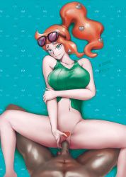 Rule 34 | 1girl, absurdres, blush, breasts, creatures (company), game freak, glasses, green eyes, heart-shaped pubic hair, highres, interracial, large breasts, long hair, nintendo, open mouth, orange hair, palomar4233, penis, pokemon, pokemon swsh, pubic hair, pussy, sex, shaped pubic hair, solo focus, sonia (pokemon), sweat, uncensored