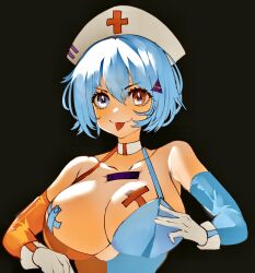 Rule 34 | 1girl, alternate costume, black background, blue eyes, blue hair, breasts, cleavage, closed mouth, commentary, cross, cross pasties, english commentary, gloves, hair ornament, hat, heterochromia, highres, large breasts, nurse, nurse cap, pasties, red cross, red eyes, short hair, simple background, smile, solo, tape, tape on nipples, tatara kogasa, tomatolover16, tongue, tongue out, touhou, upper body, white gloves