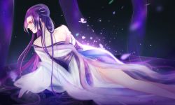 Rule 34 | 1girl, bare legs, bare shoulders, bug, butterfly, dark background, hair ornament, hairpin, highres, insect, leaning to the side, looking to the side, purple hair, qinshi mingyue, solo, sparkle, streamers, upper body, zi nu (qin shi ming yue), zi nu zhuye jun