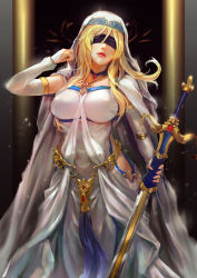 Rule 34 | 10s, 1girl, arm up, black blindfold, blindfold, blonde hair, breasts, cglas, covered erect nipples, covered eyes, detached sleeves, dress, facing viewer, goblin slayer!, headdress, hip vent, holding, holding sword, holding weapon, jewelry, large breasts, long dress, long hair, necklace, parted lips, pillar, robe, solo, standing, sword, sword maiden, weapon, white dress