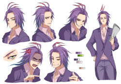 Rule 34 | 1boy, anger vein, angry, animification, antenna hair, bad id, bad pixiv id, character sheet, color guide, gradient hair, green eyes, grin, male focus, monsters inc., multicolored hair, personification, purple hair, randall boggs, runosuke, sharp teeth, smile, teeth