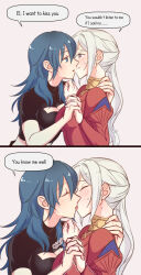 Rule 34 | 2girls, blue eyes, blue hair, blush, breasts, byleth (female) (fire emblem), byleth (fire emblem), cleavage, cleavage cutout, closed eyes, closed mouth, clothing cutout, edelgard von hresvelg, fire emblem, fire emblem: three houses, french kiss, highres, holding hands, imminent kiss, interlocked fingers, kiss, long hair, medium breasts, multiple girls, nintendo, parted lips, purple eyes, riromomo, tongue, white hair, yuri
