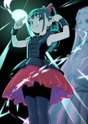 Rule 34 | 1girl, absurdres, babymetal, black dress, black eyes, black hair, commentary, dress, english commentary, frilled dress, frills, high ponytail, highres, leggings, long hair, nakamoto suzuka, pink mousse, pointing, pointing at self, ponytail, sleeveless, sleeveless dress, smile, solo, wrist cuffs