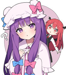 Rule 34 | 2girls, ?, absurdres, black vest, blue bow, blush, blush stickers, bow, collared shirt, dress, hair bow, hat, head wings, highres, koakuma, long hair, long sleeves, miz (mizillustration), mob cap, multiple girls, necktie, parted lips, patchouli knowledge, puffy short sleeves, puffy sleeves, purple dress, purple eyes, purple headwear, red bow, red eyes, red hair, red necktie, shirt, short sleeves, touhou, vest, white shirt, wings