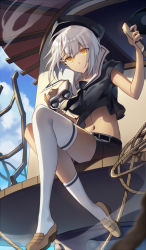 1girl asymmetrical_legwear bad_id bad_pixiv_id belt binoculars black_serafuku breasts carchet closed_mouth crop_top day expressionless female_focus full_body hat loafers looking_at_viewer midriff navel neckerchief original school_uniform serafuku shoes short_hair short_sleeves shorts silver_hair single_sock single_thighhigh sitting socks solo sunlight thighhighs uneven_legwear white_socks yellow_eyes