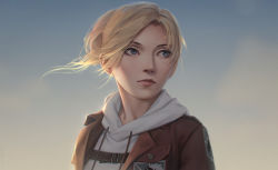 Rule 34 | 1girl, annie leonhart, blonde hair, blue eyes, closed mouth, day, facing viewer, highres, hood, hood down, lips, looking to the side, miura-n315, outdoors, paradis military uniform, realistic, shingeki no kyojin, short hair, solo, uniform, upper body, wind