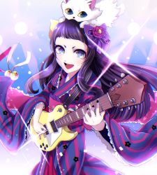 Rule 34 | 10s, 1girl, animal, animal on head, bad id, bad pixiv id, bell, blue eyes, cat, flower, guitar, hair flower, hair ornament, hair ribbon, highres, instrument, japanese clothes, jingle bell, kimono, kisaragi yuu (fallen sky), makeup, marimari (show by rock!!), music, on head, open mouth, playing instrument, purple hair, ribbon, show by rock!!, smile, solo, sparkle, striped