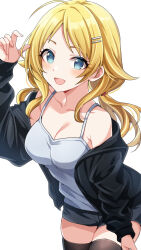 Rule 34 | 1girl, absurdres, ahoge, black jacket, black shorts, black thighhighs, blonde hair, blue eyes, breasts, cleavage, collarbone, commentary, hachimiya meguru, hair flaps, hair ornament, hairclip, hand up, highres, idolmaster, idolmaster shiny colors, jacket, large breasts, light blush, long hair, long sleeves, looking at viewer, low twintails, open clothes, open jacket, open mouth, popon ta, shirt, shorts, sidelocks, smile, solo, tank top, thighhighs, thighs, twintails, white background, white shirt, zettai ryouiki