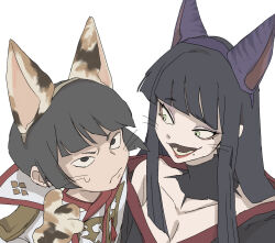 Rule 34 | 1boy, 1girl, animal ear hairband, animal ears, animal hands, asahi sas brutus, black collar, black eyes, black hair, blunt bangs, breasts, brother and sister, brown hairband, cleavage, collar, collarbone, fake animal ears, final fantasy, final fantasy xiv, frown, glaa da, green eyes, hairband, hand up, high collar, highres, hyur, large breasts, long hair, looking at another, looking up, mole, mole under mouth, off shoulder, open mouth, portrait, purple hairband, red trim, short hair, siblings, simple background, slit pupils, smile, straight hair, sweatdrop, whiskers, white background, yotsuyu goe brutus