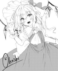Rule 34 | 1girl, ascot, blush, bow, commentary, crystal, flandre scarlet, greyscale, hat, hat bow, highres, kizitora hato, long hair, looking at viewer, mob cap, monochrome, one-hour drawing challenge, open mouth, pointy ears, puffy short sleeves, puffy sleeves, short sleeves, side ponytail, signature, smile, solo, touhou, wings, wrist cuffs