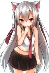Rule 34 | 1girl, animal ears, bad id, bad pixiv id, bare arms, blush, finger to mouth, hair ribbon, long hair, looking at viewer, midriff, mizushina minato, navel, necktie, original, red eyes, red necktie, ribbon, silver hair, skirt, solo, very long hair