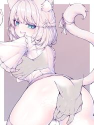 Rule 34 | 1boy, 1girl, animal ears, ass, breasts, brown background, cat ears, cat girl, cat tail, fang, fingering, from behind, grabbing, grabbing another&#039;s breast, grabbing from behind, gradient background, hetero, highres, indie virtual youtuber, kupa (jesterwii), medium breasts, mitsuki momo, open mouth, short hair, skin fang, smile, solo focus, tail, two-tone background, virtual youtuber, white background