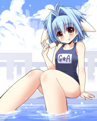 Rule 34 | 00s, 1girl, :q, animal ears, blue hair, blush, brown eyes, galaxy angel, mint blancmanche, one-piece swimsuit, school swimsuit, shinshin, solo, swimsuit, tongue, tongue out