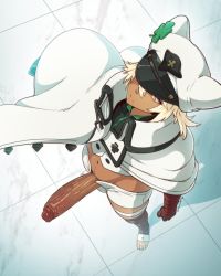 Rule 34 | 1girl, bandaged arm, bandaged leg, bandages, cape, closed mouth, clover, dark-skinned female, dark skin, erection, foreshortening, four-leaf clover, from above, futanari, guilty gear, guilty gear strive, hat, highres, looking at viewer, navel, peaked cap, penis, platinum blonde hair, ramlethal valentine, shorts, solo, standing, sulcate, thigh strap, uncensored, white cape, white hat, white shorts