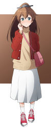 Rule 34 | 1girl, alternate costume, bag, blue eyes, brown sweater, closed mouth, full body, hair between eyes, headgear, highres, jacket, kantai collection, kumano (kancolle), long hair, long sleeves, nel-c, ponytail, red footwear, red jacket, shoes, shoulder bag, simple background, skirt, sneakers, socks, solo, standing, sweater, turtleneck, turtleneck sweater, two-tone background, white skirt, white socks