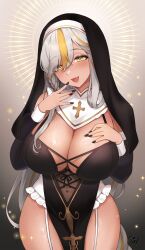 Rule 34 | 1girl, :d, absurdres, black headwear, black nails, blonde hair, blush, breasts, cleavage, grey hair, hands up, highres, large breasts, long hair, long sleeves, multicolored hair, nail polish, navel piercing, noixen, nun, open mouth, original, pelvic curtain, piercing, smile, solo, streaked hair, two-tone hair, yellow eyes
