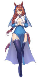 Rule 34 | 1girl, absurdres, animal ears, blue eyes, blush, bow, braid, braided ponytail, breasts, brown hair, cleavage, cleavage cutout, clothing cutout, commentary, covered navel, dress, full body, garter straps, groin, habit, hair between eyes, highres, horse ears, horse girl, horse tail, large breasts, long hair, long sleeves, looking at viewer, low ponytail, open mouth, own hands clasped, own hands together, pelvic curtain, simple background, solo, super creek (umamusume), tail, teeth, thighhighs, tongue, umamusume, vococo, white background