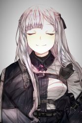 Rule 34 | 1girl, ak-12 (girls&#039; frontline), asymmetrical bangs, bad id, bad twitter id, belt, black ribbon, braid, breasts, buckle, closed eyes, closed mouth, coat, facing viewer, french braid, girls&#039; frontline, gradient background, hair over shoulder, highres, jacket, light particles, long hair, medium breasts, off shoulder, open clothes, open jacket, pouch, ribbon, shirt, silver hair, simple background, smile, solo, strap, upper body, uulhan habinim, very long hair